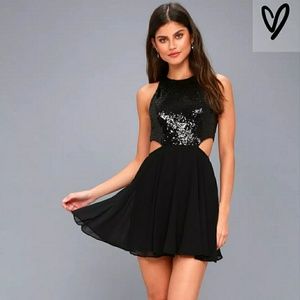 BLACK SEQUIN CUTOUT SKATER DRESS